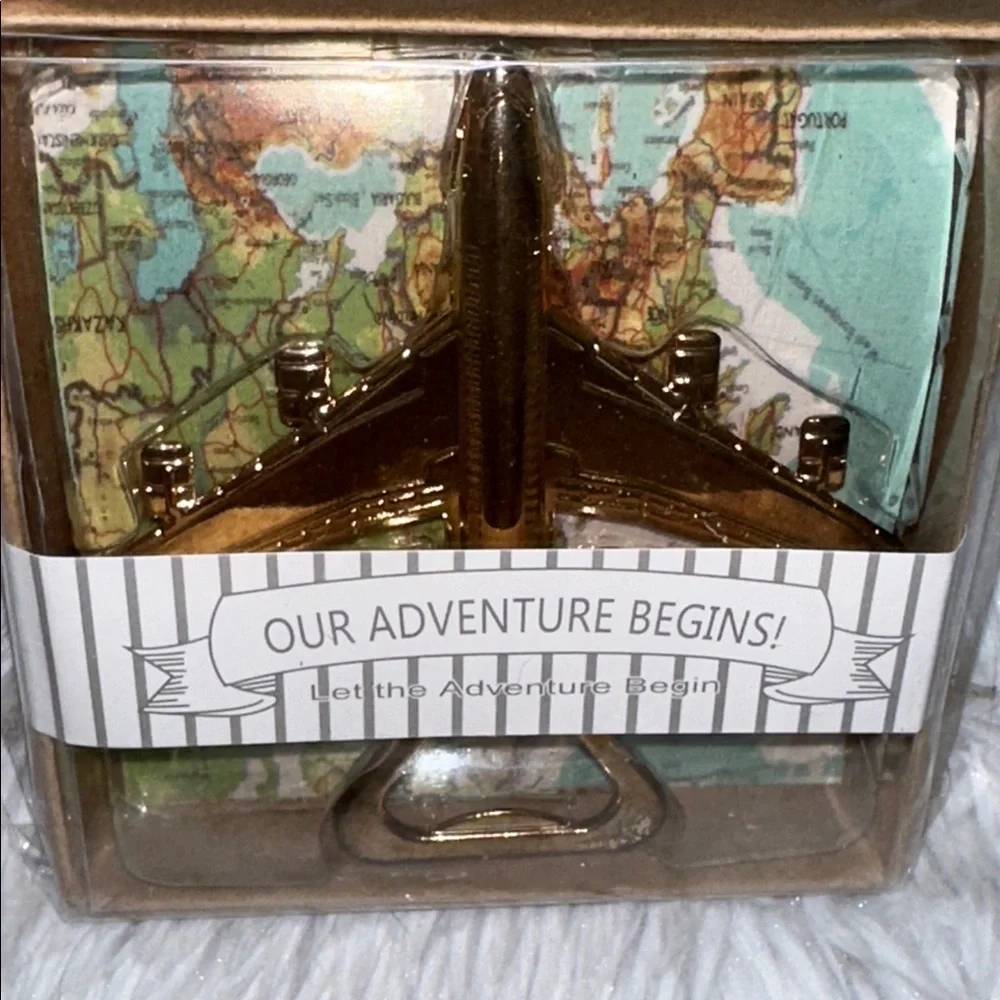 Bottle‎ Opener Gold Tone Wedding Gift Wanderlust Airplane Our Adventure Begins